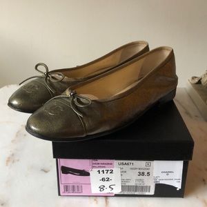 Authentic Chanel Gold “CC” Flats, Sz. 38.5 w Box